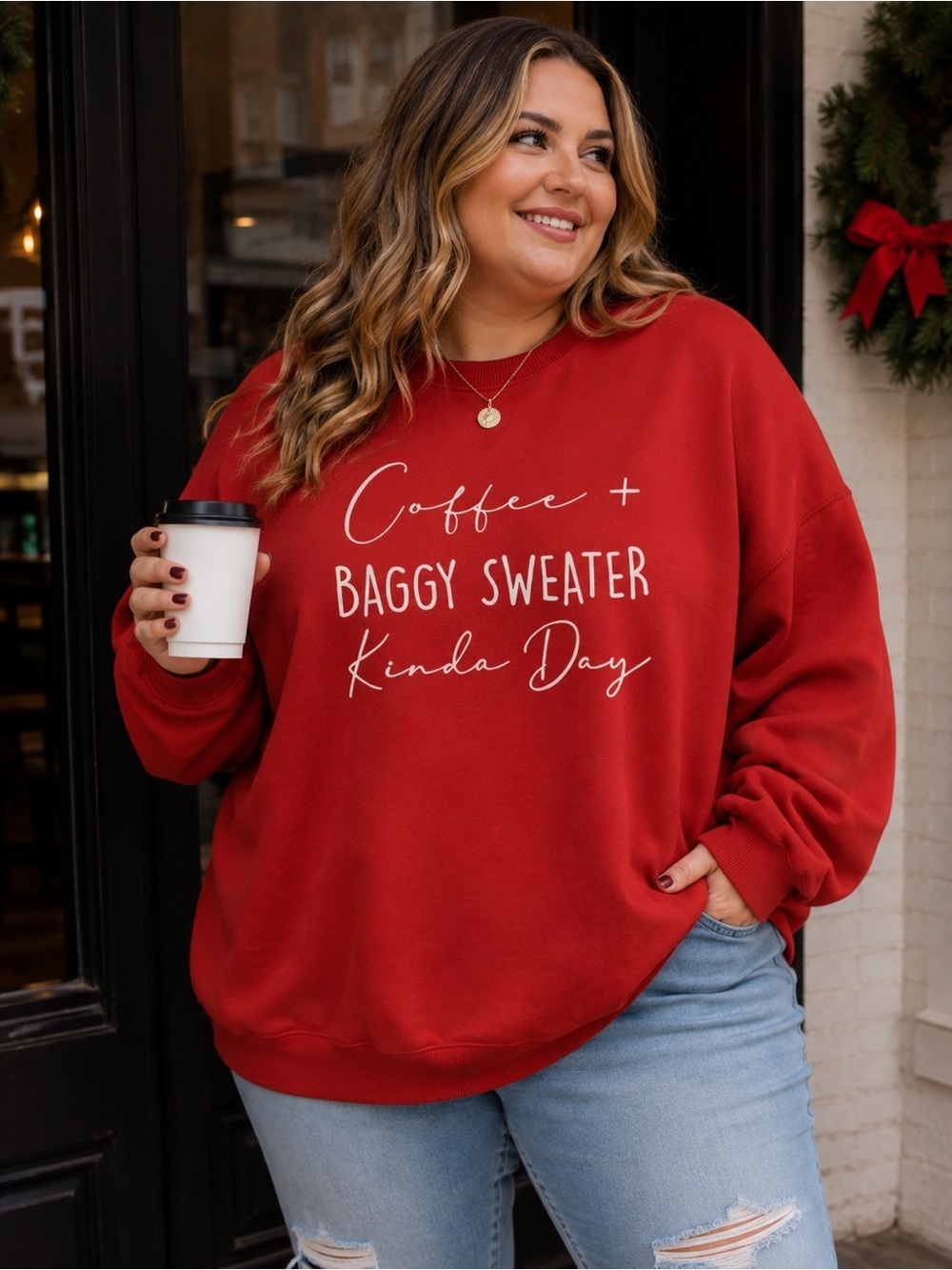 NEW Coffee + Baggy Sweater Kinda Day Oversized Graphic Sweatshirt Red Sz 2/3X